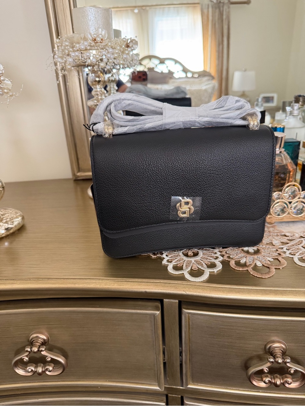 Boss Black Pebbled Leather Crossbody with Gold Logo